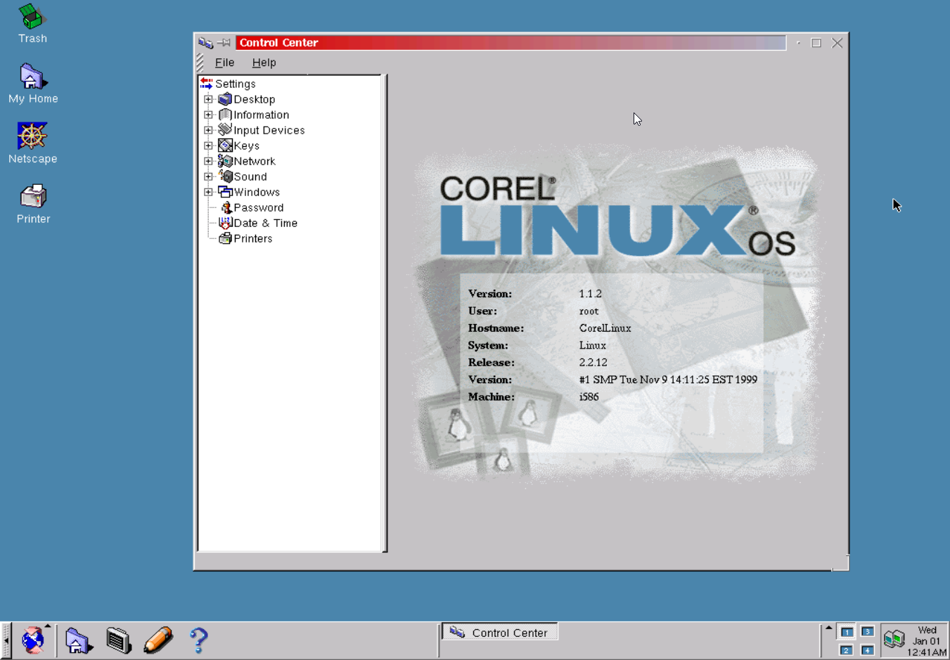 Corel Linux OS, version 1.1.2, running on Linux kernel 2.2.12. The system hostname is "CoreLinux" and it's identified as i586 architecture. The desktop features a traditional early Linux environment with a control panel open, titled "Control Center," which offers various settings categories like Desktop, Information, Network, Sound, Windows, and more. The desktop icons include shortcuts for Trash, My Home, Netscape, and Printer. At the bottom, there's a taskbar with quick-launch icons for a web browser, text editor, and help, and a clock showing "Wed Jan 01, 12:41 AM."