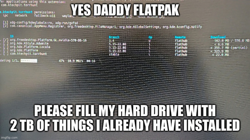a terminal with a flatpak install. Flatpak is installing over 1 GB of Libraries already present on the PC.