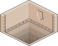 cutout of a floorless, tan coloured isometric room with a debossed arrow pointing down on one of the far walls